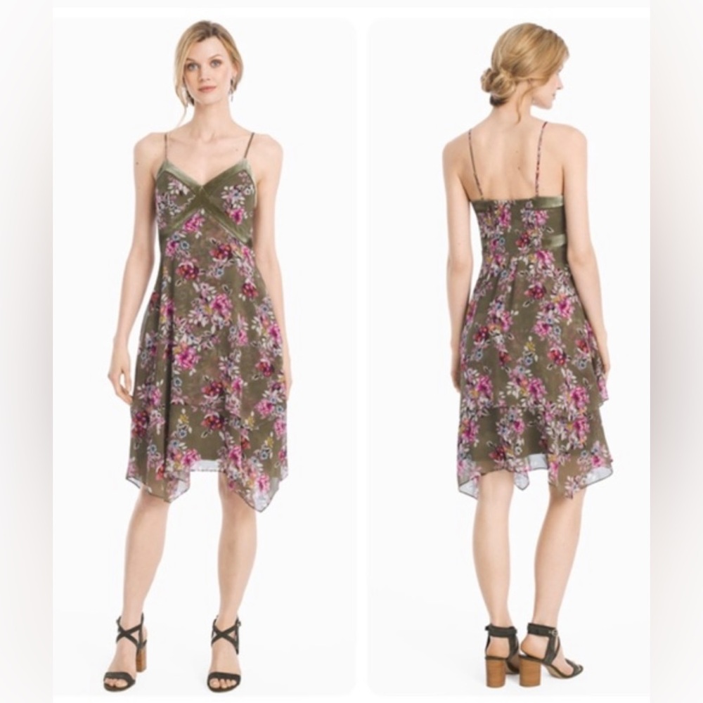 White House Black Market Handkerchief Floral Olive Velvet trim Dress Sz 10